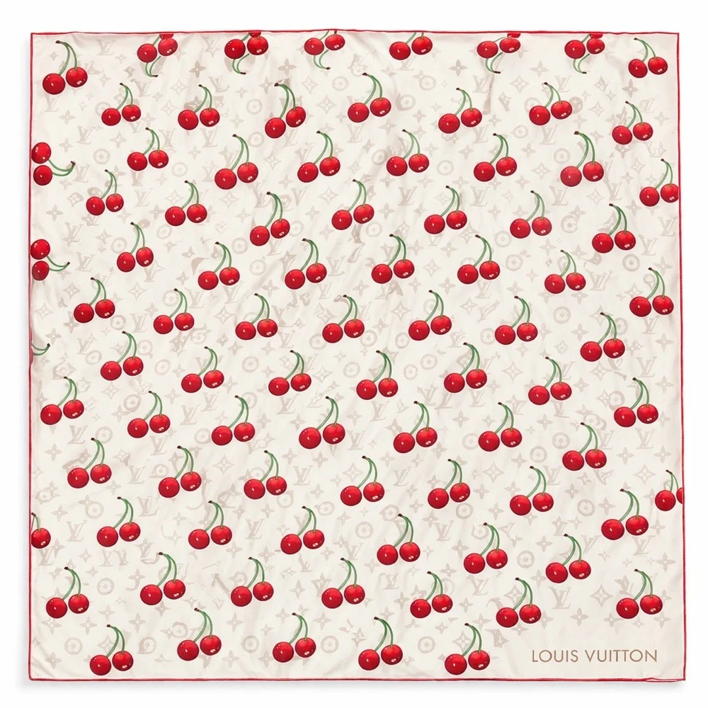 LOUIS VUlTTON 100% silk cherry print monogram scarf 40x40 custom print design